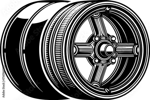 Automotive Wheel in Detail: A meticulously crafted monochrome depiction of an automobile wheel, with its intricate details of the wheel rim and tire.