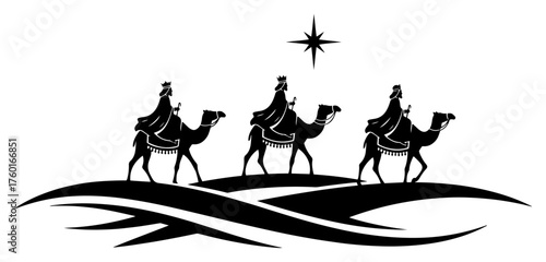 Silhouette Three Kings on Camels with Bethlehem Star – Nativity Epiphany Desert Scene Vector