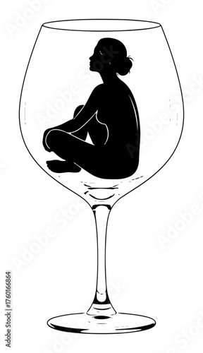 Woman silhouette in wine glass. Conceptual vector illustration of loneliness alcohol abuse or mental health issues. Minimalist art of female character trapped in a drink.