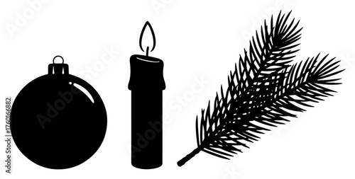 Christmas decoration silhouette icon set. Collection of holiday symbols including bauble candle and fir branch. Simple winter vector graphic elements for festive design.