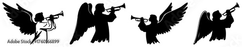 Set of Christmas angel silhouettes with trumpets. Vector collection of black herald angel icons for religious holiday design.
