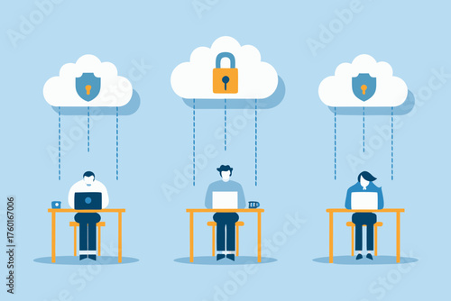 People working on laptops connected to secure cloud storage with digital security and data protection concepts