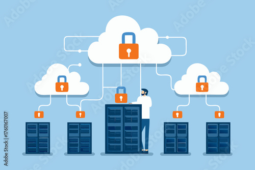 Man interacting with secure cloud storage system with locked data servers and cloud icons