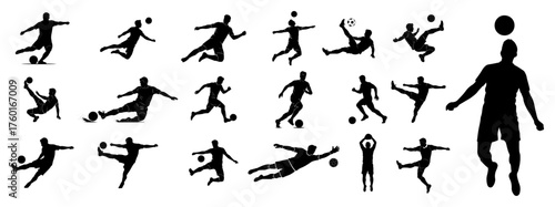 Big set of soccer player silhouettes. Football player collection in different action poses. Goalkeeper and field player vector graphic elements. Sport game athlete icons isolated on white.