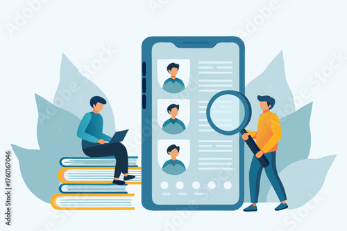 People reviewing candidate profiles on a smartphone screen with a magnifying glass and a person working on a laptop on books