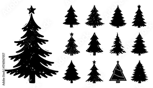 Set of Christmas tree silhouettes. Collection of fir and pine trees in various styles. Grunge and simple winter holiday vector icons. New Year decoration graphic elements isolated on white.