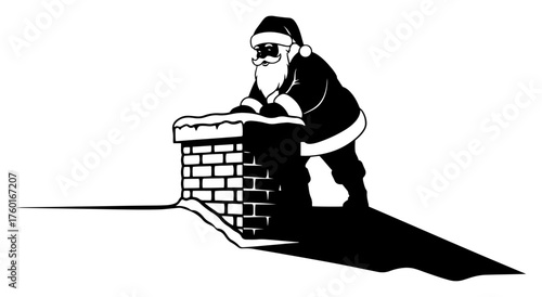 Santa Claus on the roof going down the chimney silhouette. Vector illustration of a traditional Christmas character delivering gifts.