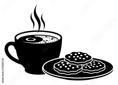 Hot coffee cup with cookies vector silhouette icon. Winter drink and snack illustration for cafe menu or cozy morning concept.