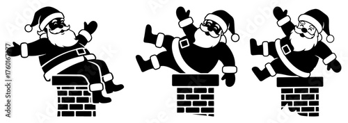 Funny Santa Claus going down the chimney silhouette set. Collection of cartoon Santa character stuck on the roof. Christmas holiday vector illustration for festive design.