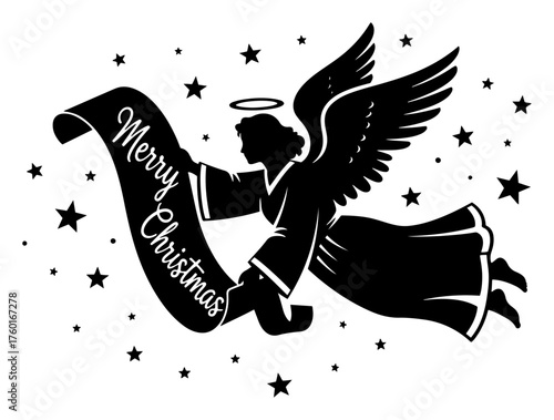 Christmas angel silhouette with Merry Christmas banner. Vector illustration of a flying religious figure with stars for holiday greeting.