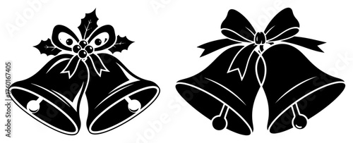 Christmas bells with bow vector silhouette icon set. Jingle bells with holly decoration for holiday design.