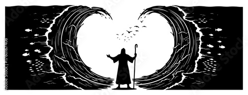 Moses parting the Red Sea silhouette. Biblical story of Exodus vector illustration. Prophet dividing the ocean water with his staff. Christian and Jewish religious miracle scene.