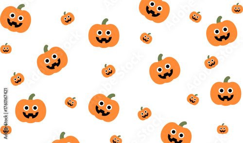Seamless Halloween pumpkin pattern with cute smiling jack o lantern faces on white background in flat cartoon vector style