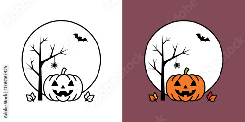 Halloween pumpkin jack o lantern with bat, spider, and bare tree under full moon in circular split color vector design