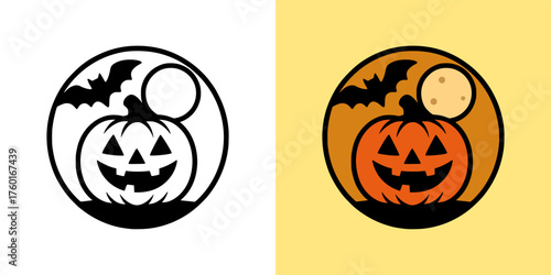 Halloween pumpkin jack o lantern with bat and full moon in circular split color vector design on yellow background