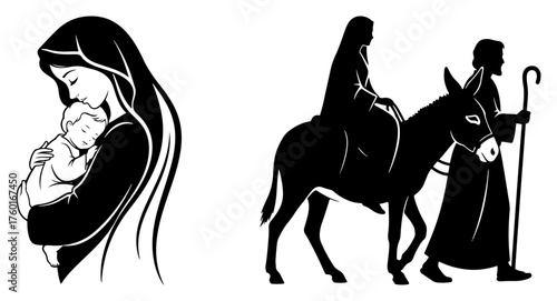 Virgin Mary with baby Jesus and the Flight to Egypt silhouette set. Holy Family traveling on a donkey. Christian Nativity and Christmas story vector illustrations.