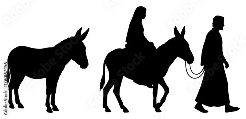 Flight to Egypt silhouette set. Mary on a donkey and Joseph walking. Christian Christmas Nativity scene elements. Holy Family vector graphics for religious design.