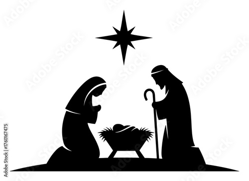 Silhouette Nativity Scene with Holy Family and Bethlehem Star – Manger Christmas Vector