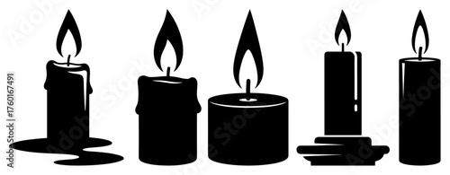 Set of burning candle silhouettes. Collection of various wax candle icons with flames. Vector graphic elements for religious memorial romantic or holiday design themes.