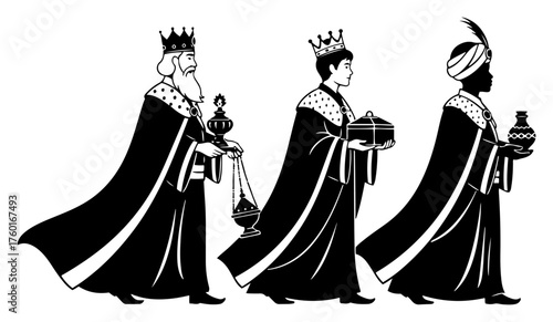 The Three Wise Men silhouette. Biblical Magi walking with gifts for Jesus. Christian Christmas and Epiphany story vector illustration of Melchior Caspar and Balthazar.