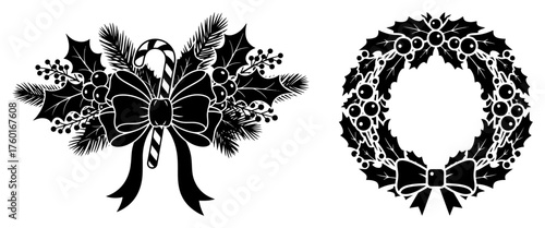 Set of Christmas decorations silhouette. Vector icons of a festive wreath and a decorative swag with holly bow and candy cane.