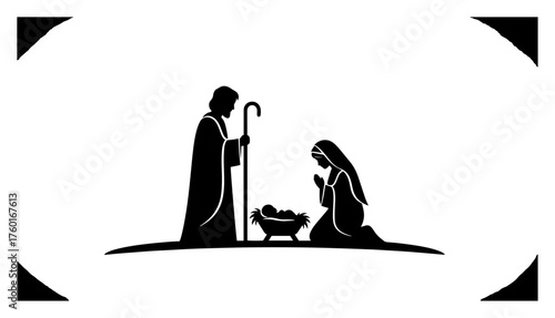 Christmas nativity scene silhouette. Vector icon of the holy family with baby Jesus in a manger Mary and Joseph.