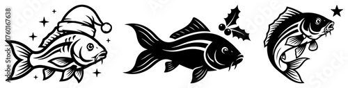Christmas carp fish vector illustration set. Traditional holiday fish silhouettes for Xmas Eve dinner. Festive animal icons.