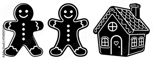 Gingerbread man and house vector silhouette icons. Christmas cookie and sweet holiday dessert illustration set.