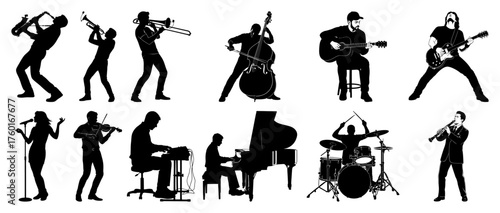 Big set of musician silhouettes. Collection of people playing various musical instruments. Jazz band rock group and classical orchestra artist icons. Music concept vector illustrations.