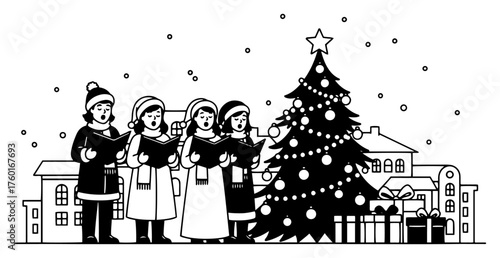Christmas carolers singing in a winter town scene vector illustration. Group of people with songbooks next to a decorated tree.