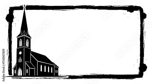 Church silhouette in a grunge vector frame. Christmas or religious holiday background template with brush stroke border.