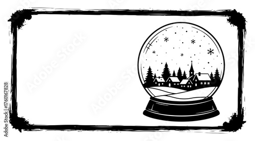 Christmas grunge frame with snow globe silhouette. Holiday background with a winter village scene in a glass ball. Festive border vector illustration with copy space for greeting cards.