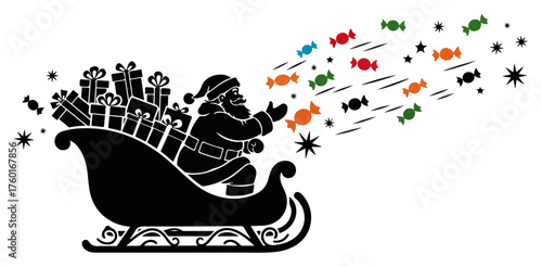 Santa Claus in sleigh silhouette throwing colorful candies. Vector Christmas illustration with presents and stars.