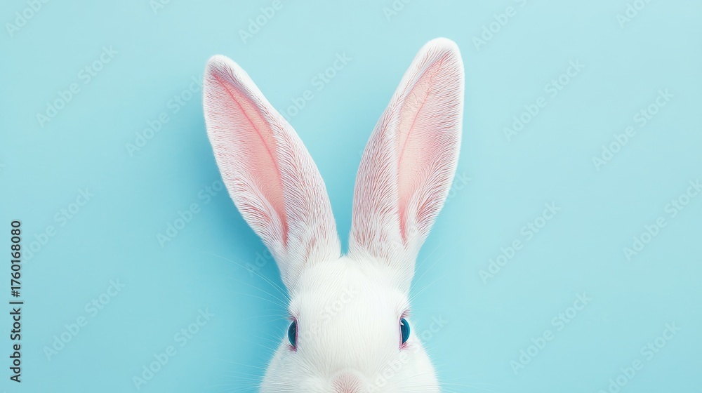 Obraz premium Easter celebration adorable white rabbit ear against a soft pastel blue backdrop