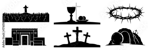 Set of Christian religious symbols vector icons. Passion of Christ and Easter story illustration collection.