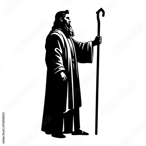 Silhouette Biblical Shepherd with Staff – Pastoral Christian Figure Vector