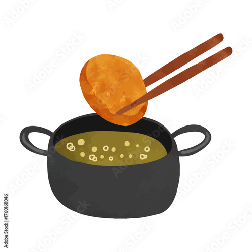 揚げ物鍋とコロッケ　水彩風手描きベクターイラスト