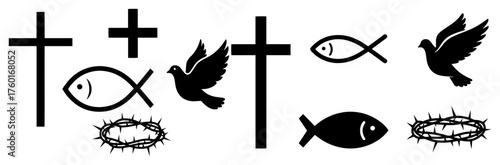 Set of Christian symbol silhouettes. Collection of religious icons including the cross Jesus fish (ichthys) dove and crown of thorns. Vector graphic elements for faith-based design.