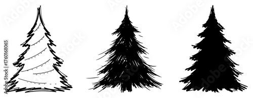 Set of hand drawn Christmas tree illustrations. Vector collection of doodle sketch and silhouette style fir trees for holiday design.