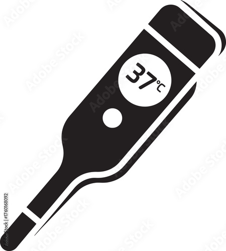 Black digital thermometer showing 37 degrees Celsius on white background medical health