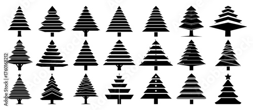 Big set of Christmas tree silhouettes. Vector collection of various stylized and abstract fir tree icons for holiday design.