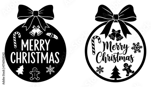 Merry Christmas ornament vector silhouette set. Holiday bauble with typography and festive icons. Xmas decoration design.