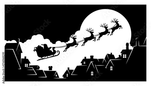 Santa Claus flying in sleigh with reindeer silhouette. Christmas night scene with Santa over a snowy town. Holiday vector illustration of a magical ride across the moonlit sky.