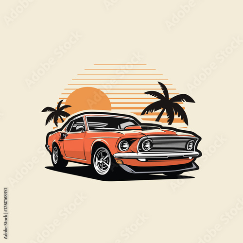 Classic Muscle Car in Summer Beach Vector Illustration Isolated. Best for Automotive Tshirt Design