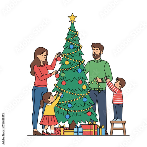 Joyful family happily decorating festive Christmas tree together, creating cherished holiday memories and spreading festive cheer