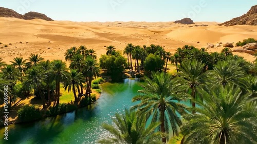 Expansive aerial view of a lush desert oasis with towering palm trees, contrasting arid landscape tropical, towering palm trees, ecology
