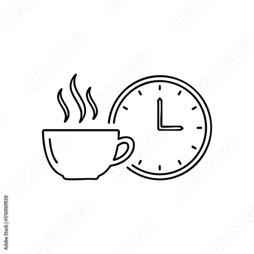 Vector art of a steaming cup of coffee next to a clock, suggesting a coffee break or morning routine