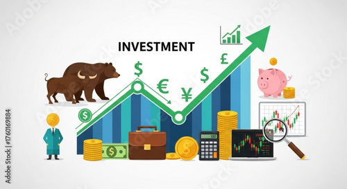 Investment illustration with bull and bear, piggy bank, money, briefcase, calculator, laptop, magnifying glass, and a rising graph on a