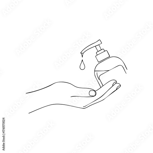 Vector art of line art illustration of a hand dispensing liquid soap or sanitizer from a pump bottle into an open palm, symbolizing hygiene and cleanliness