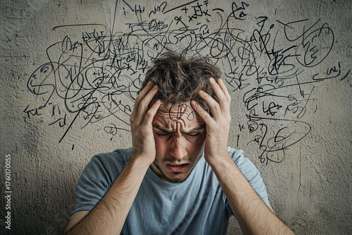 Young Man Struggling with Overwhelming Thoughts and Stress